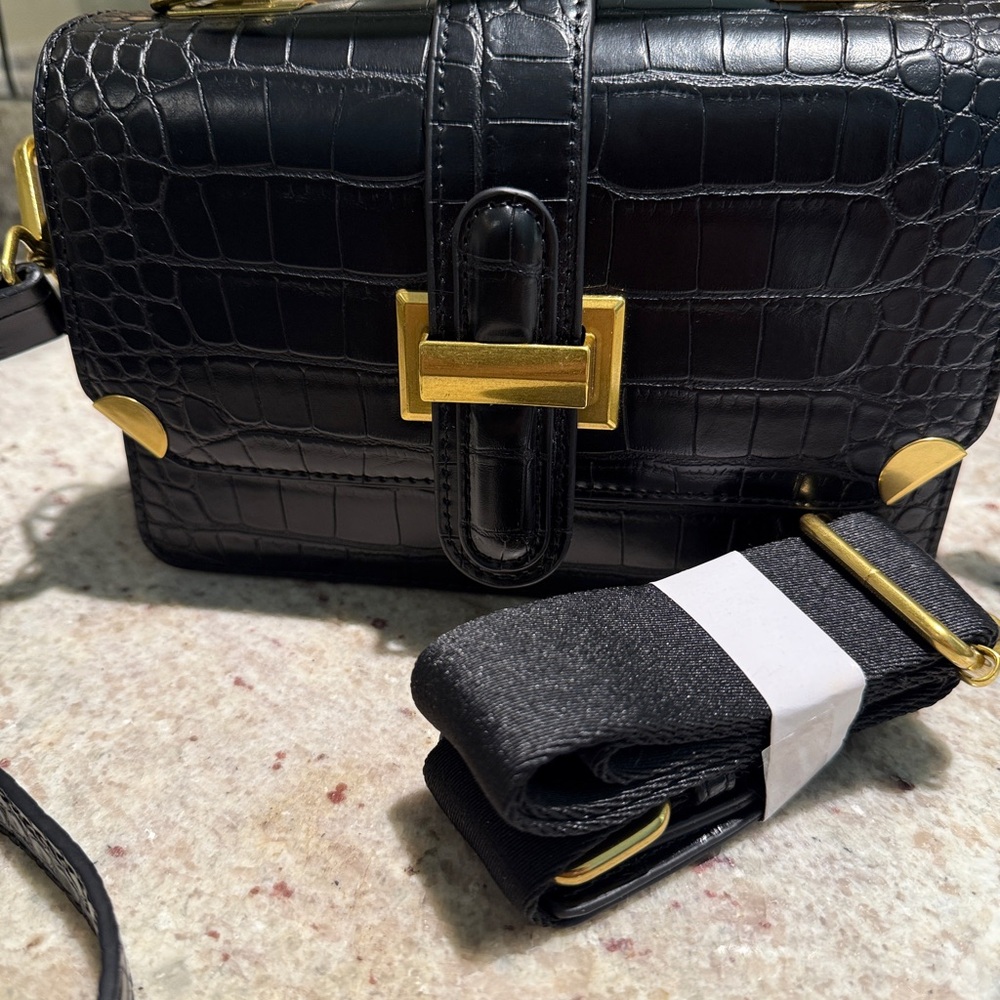 Black Croc-Embossed Crossbody Bag with Gold Accents